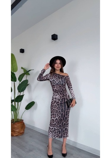 Modadua Tek Omuz Leopar Desenli Midi Elbise Çok Renkli