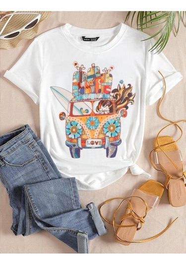 Kadin Beyaz Oversize Woswos Baskılı T-shirt Beyaz-67938