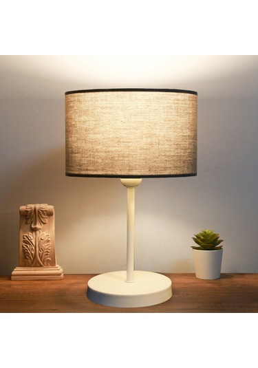 Neva Beyaz Metal Ayaklı Modern Abajur Silindir Antrasit Kumaş Başlık Antrasit