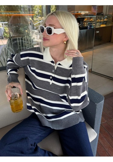 Madmext Antrasit Çizgili Düğmeli Polo Yaka Kadın Triko Kazak Mg2280 Antrasit