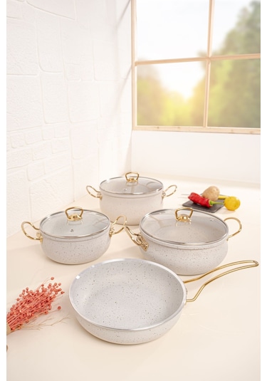 Çarşıdayız 9 Parça Gold Demir Kulp Beyaz Granit Tencere Seti 24 Cm Beyaz