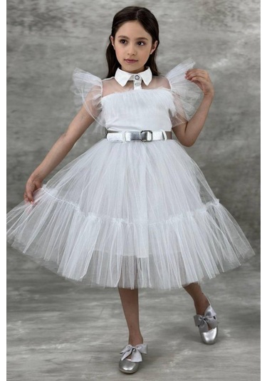Ricctarz Kız Çocuk Gömlek Yaka Göğsü Ve Kolları Tül Detaylı Wednesday Beyaz Elbise 001