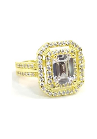 Çift Sıra Geçişli Baget Gümüş Yüzük - Altın Sarı - 19 Beyaz