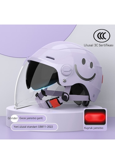 Yy SQ668 Kulak Muhafızları Çift Ayna Kuyruk Işık Açık Motosiklet Kaskı Mor