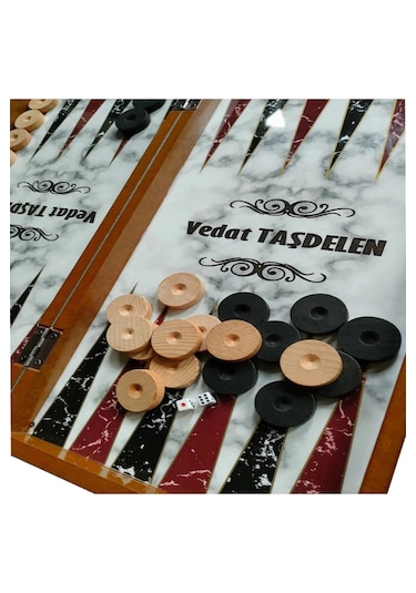 Kişiye Özel Isim Oymalı Ahşap Pullu Büyük Boy Tavla Takımı