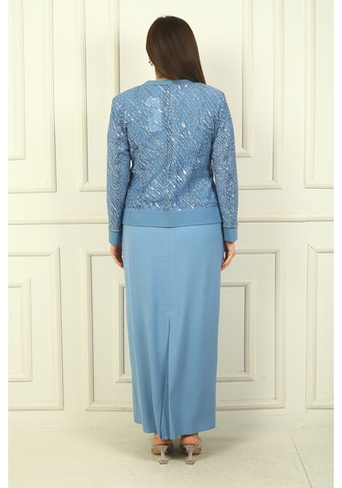 Kadın Boncuk Pul İşlemeli Tül Ceket Yarım Ay Kollu Uzun Elbise Astarlı Büyük Beden 2'li Takım İndigo Kadın Boncuk Pul İşlemeli Tül Ceket Yarım Ay Kollu Uzun Elbise Astarlı Büyük Beden 2'li Takım İndigo