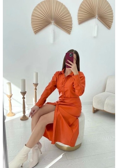 Oranj Boydan Düğmeli Deri Elbise Oranj