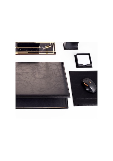 Hera Siyah Deri Sümen Takımı Gold Mermer Desen Ahşap İsme Özel Masa İsimliği İsimlik Seti