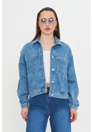 Mavi Yıkamalı Oversize Denim / Kot Ceket Orta Mavi
