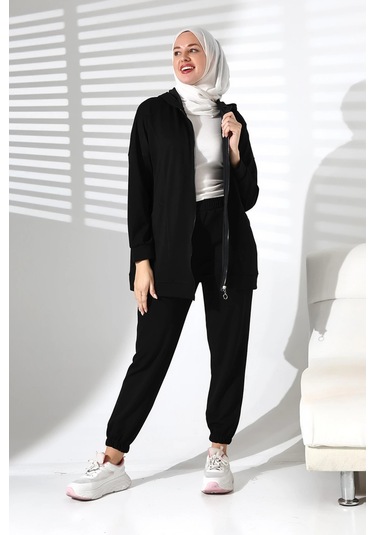 Kadın Mevsimlik Alt Üst Rahat Siyah Spor Ikili Tunik Pantolon Şık Tesettür Takım Siyah