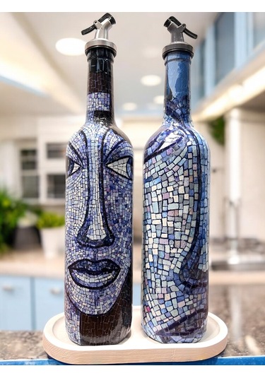 Anadolu Mozaik Sanatı Motifli Soyut Tasarım Yağdanlık Seti-sirkelik Sosluk Seti- Ev Ve Mutfak Mavi