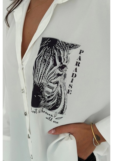 Zebra Desen Baskılı Taşlı Gömlek Beyaz
