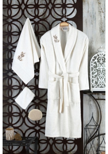 Güvenal Rüya 5 Parça Nakışlı Bornoz Seti | Bornoz Takımı