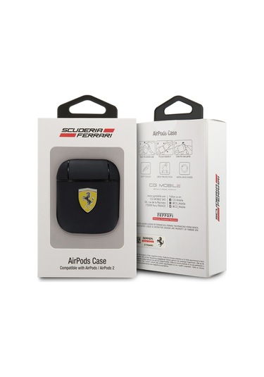 Airpods Uyumlu Kılıf Ferrari Lisanslı Pu Deri Metal Logolu Sf Arka Yüzey Yazılı Kapak Siyah