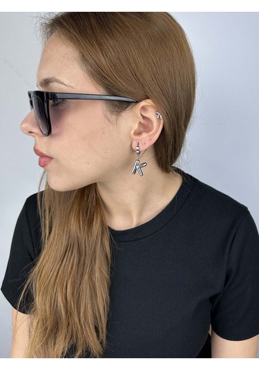 K Harfi, Balon Formlu, Paslanmaz Çelik Küpe 296, Gümüş Renk Gümüş