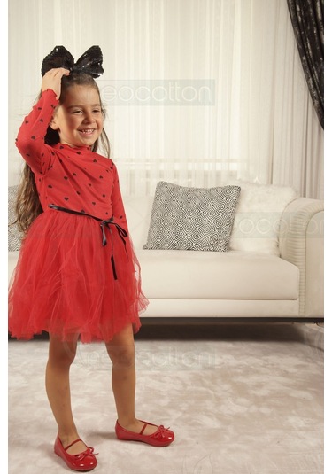 Kız Bebek-çocuk Uzun Kollu Doğum Günü Ve Özel Günler İçin Kalpli Tüllü Astarlı Elbise Kırmızı