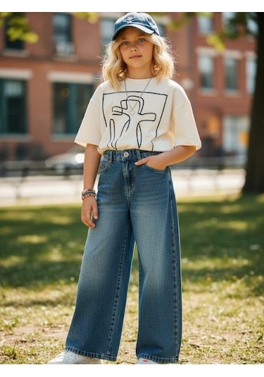 Zekids Kız Çocuk Bol Paça Denim Pantolon-16681 Çok Renkli