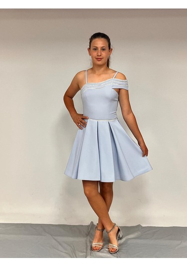 Kız Çocuk Abiye Kısa Krep Bebe Mavi Yaka Şerit Taşlı Tek Kol Çıkabilen Tül Erkut Abiye Elbise 10-15 Yaş İndigo