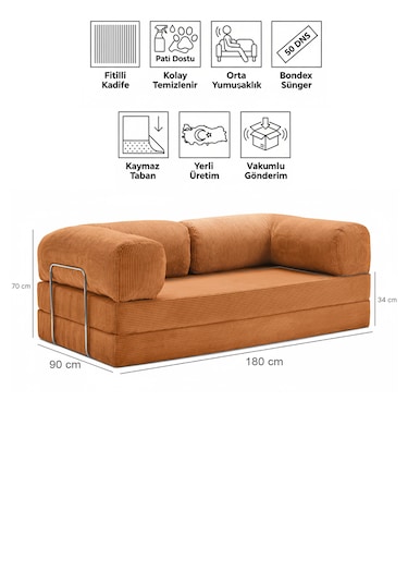 90x180 Kanepe - Fitilli Kadife Yıkanır Silinir Pratik Yer Yatağı 50 Dns Bondex 90x180cm Kiremit