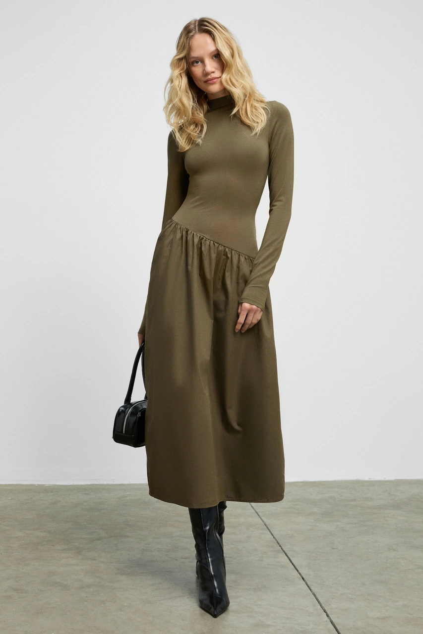 Grımelange Pantı Kadın Üstü Ribana Eteği Poplin Vücuda Oturan Haki Elbise Haki