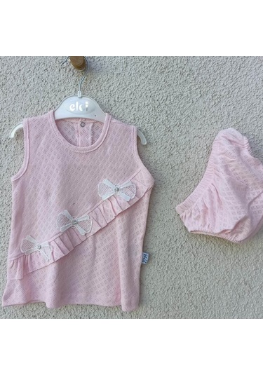 3-9 Ay Bebek Brode Fiyonklu Külotlu Yazlık Takımı Pembe Pembe