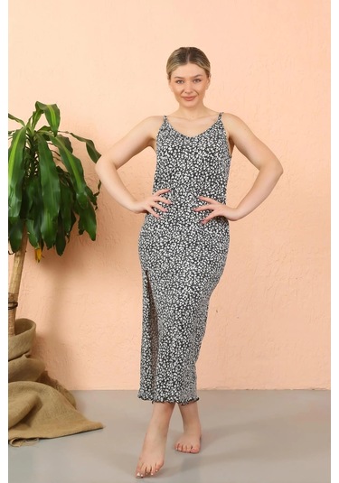 Giyim Kadın İp Askılı Yırtmaçlı Uzun Lacivert Gecelik Lacivert