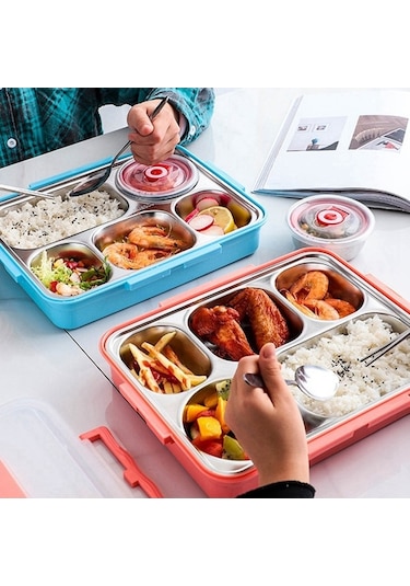 Ulzyvf Yemek Termos Seti Mavi, Çelik Bölmeli, Paslanmaz, 5 Cm, Pratik Kutuda Mavi