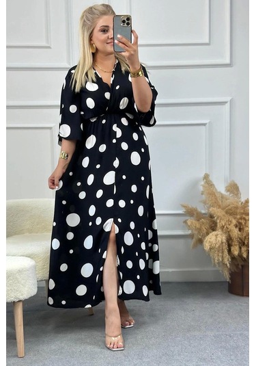 Kadın Puantiyeli Kruvaze Uzun Elbise Desenli