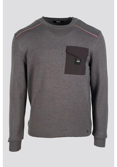 Erkek Triko Bisiklet Yaka Cep Detaylı Gri 3753 Gri