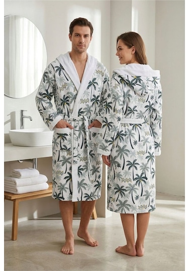 Tropical Breeze Pamuklu Desenli Kapüşonlu Bornoz Yeşil Palmiye