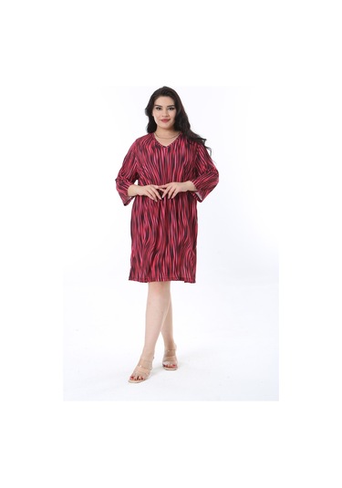 Kadın Büyük Beden Renkli V Yakalı Belden Büzgülü Kapri Kol Elbise 65n38200-renkli Çok Renkli