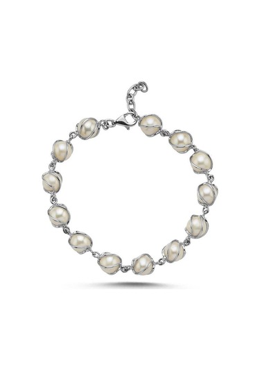 8,5 Mm Kafesli Doğal İnci Bileklik 18 Cm / Beyaz Beyaz Beyaz Altın