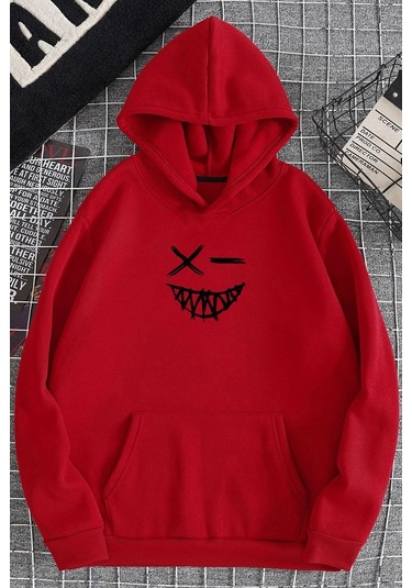 Cartoon Graphic Thermal Lined Drawstring Sweatshirt Kırmızı