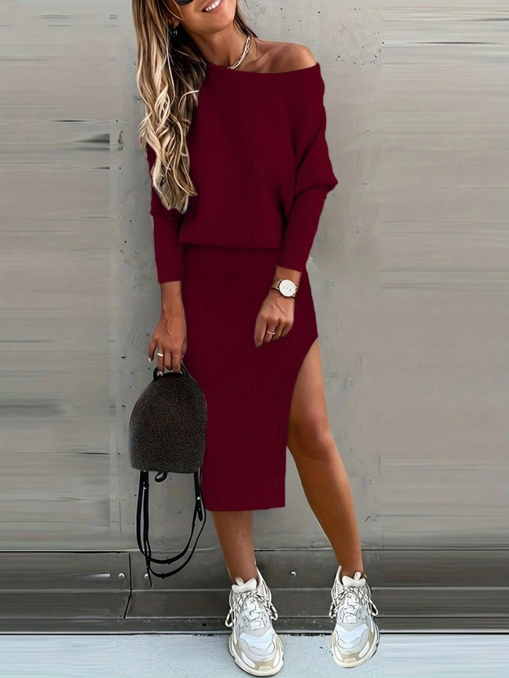 Tua Moda Kadın Uzun Kollu Düşük Omuz Yırtmaç Detay Kaşkorse Etek Bluz Ikili Takım Bordo