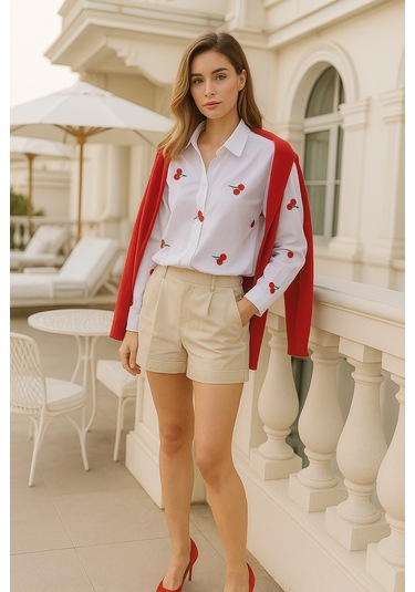 Kadın Kiraz Desenli Beyaz Pamuk Gömlek Beyaz