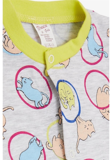 Breeze Kız Bebek Kısa Kollu Tulum Sevimli Kedicik Desenli 0 3 Ay 6 Ay, Açık Gri Melanj Açık Gri Melanj