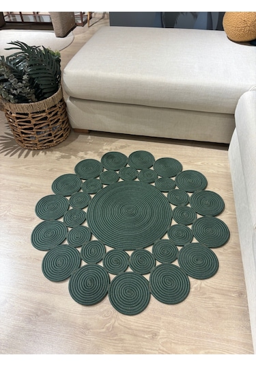 Mavaux Hasır Jüt Çiçek Desenli Kilim Halı Yeşil