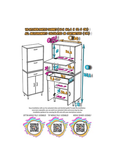 Modilayn Vio 60x163,4x32,5 Cm Yeni Çekmeceli, Kapaklı, Ekmeklikli, Çok Amaçlı Mutfak Dolabı. Beyaz