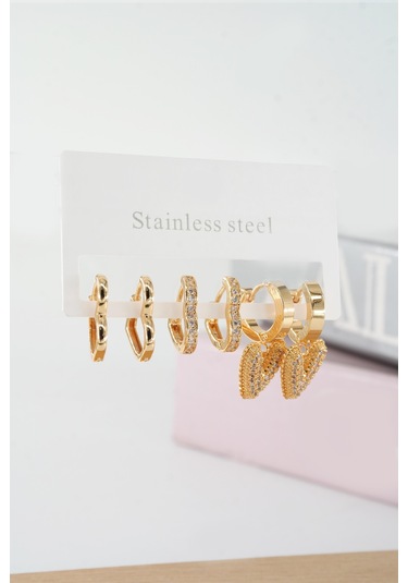 By Zeyna Aksesuar Kadın Vip Seri Baget Zirkon Taşlı Kalp Model Klipsli 6'lı Set Küpe-5107 Altın