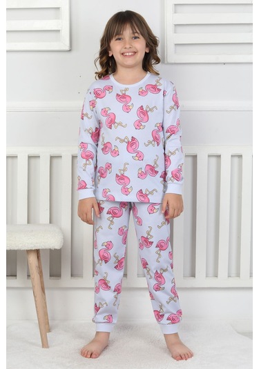 Cute Flamingo Desenli Kız Çocuk Pijama Takımı Mavi