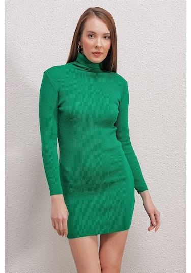 Bigdart 15797 Balıkçı Yaka Triko Elbise - Yeşil 001