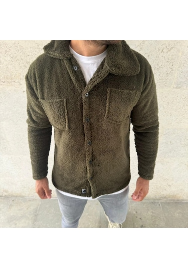 Erkek Pelüş Polar Hırka Gömlek Yakalı, İlik Düğmeli, Göğüs Cepli, Yumuşak Dokulu Kışlık Regular Fi Haki
