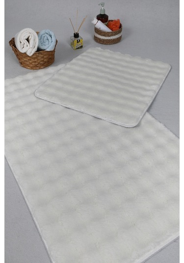 Modern Bubble Yıkanabilir Kaymaz Peluş Banyo Paspası Halısı 2'li Klozet Takımı 50x80-50x40cm Krem