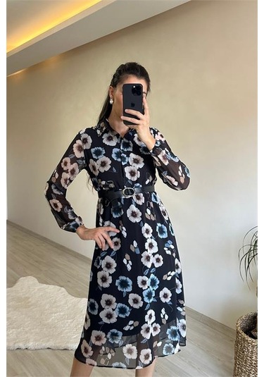 Neşeli Butik Kadın Desenli Gömlek Yaka Midi Elbise Nm011 Mint Yeşili