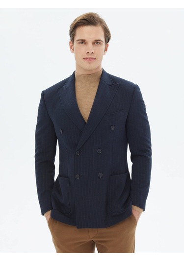 Lacivert Çizgili Modern Fit Örme Ceket Lacivert
