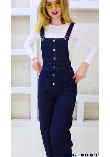 Önden Düğmeli Enzim Kot Kumaş Salopet & Tulum Mavi