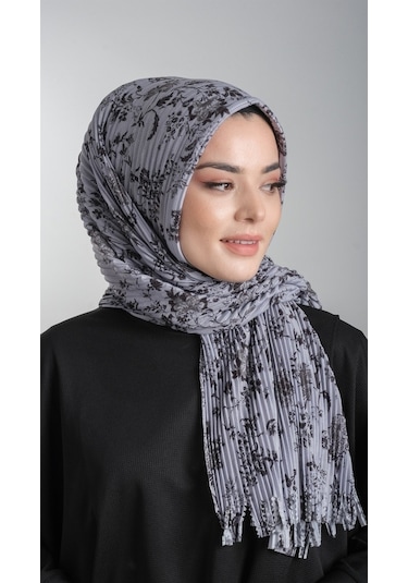 Gri Pratik Hazır Geçmeli Tesettür Eşarp Kesik Elyaf Piliseli Çiçe (553630007) Gri
