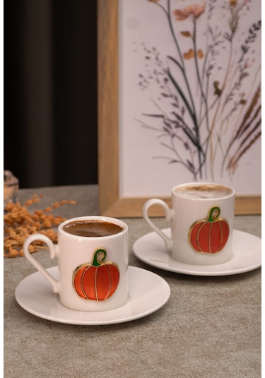 Heda Porselen Balkabağı Kabartmalı 4 Parça 2 Kişilik Kahve Fincan