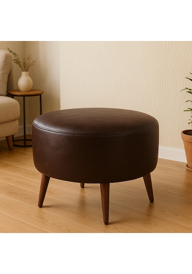 Large Büyük Yuvarlak Modern Puf - 60 Cm - Deri Kumaş - Acı Kahve