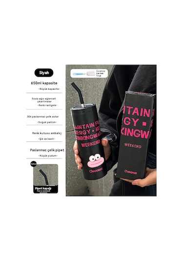 Velvettides Sınır Ötesi Siyah Toz Çift Yüksek Değerli Termos Bardak Basit Paslanmaz Çelik Taşınabilir Pipet Bardak Yazdırılabilir Logo Su Bardağı Toptan Gelgit Serin Siyah 650ml Eğlenceli 3d Çıkartmaları